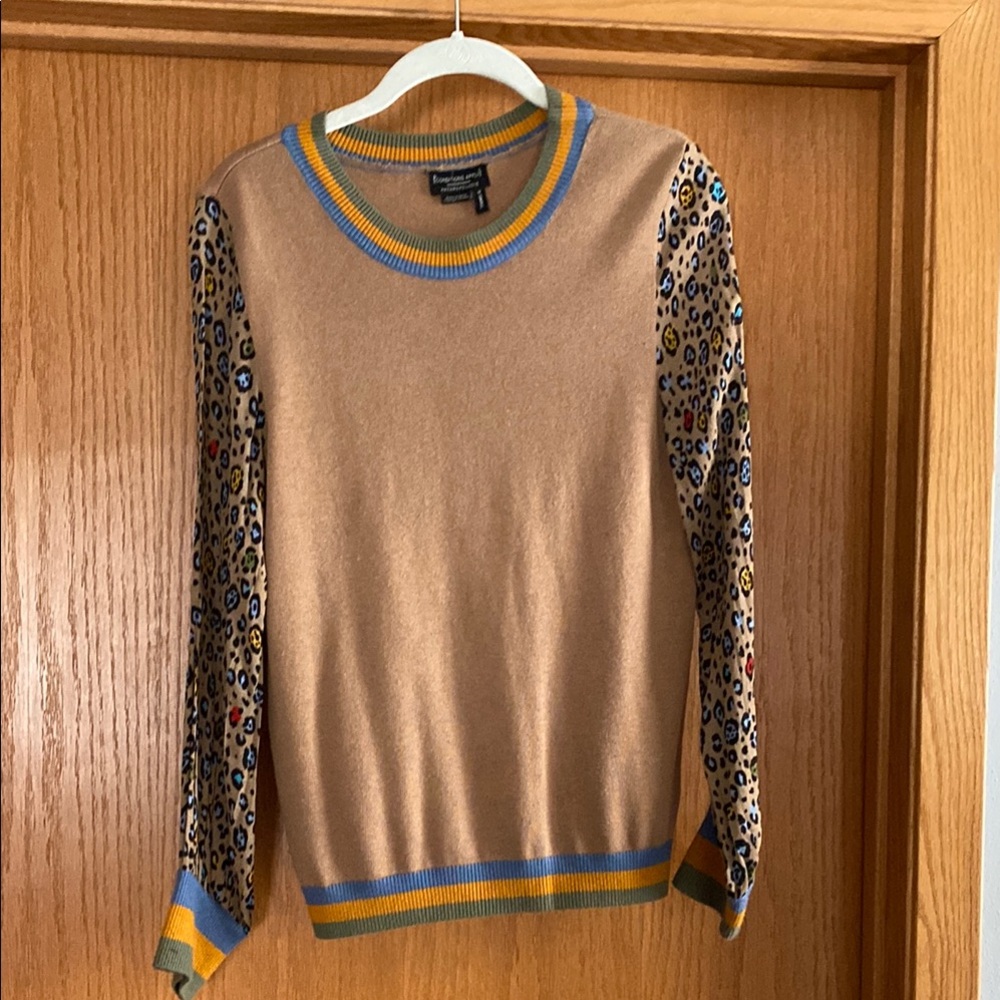 Anthropologie Tan and Blue Crew Neck Sweater with Sequined Sleeves